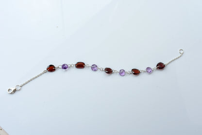 Garnet and Amethyst Bead Bracelet in Silver – Handmade Multi Gemstone Chain Jewelry