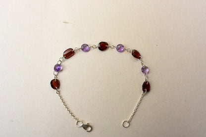 Garnet and Amethyst Bead Bracelet in Silver – Handmade Multi Gemstone Chain Jewelry