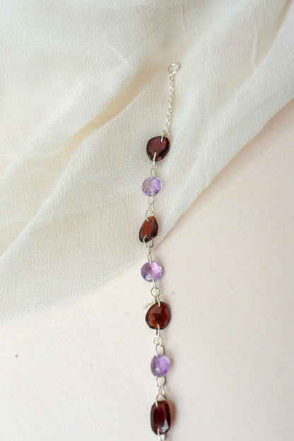 Garnet and Amethyst Bead Bracelet in Silver – Handmade Multi Gemstone Chain Jewelry