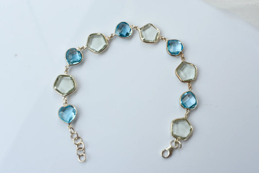 Green amethyst and sky blue topaz bezel bracelet in 925 silver
