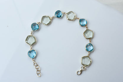 Green amethyst and sky blue topaz bezel bracelet in 925 silver