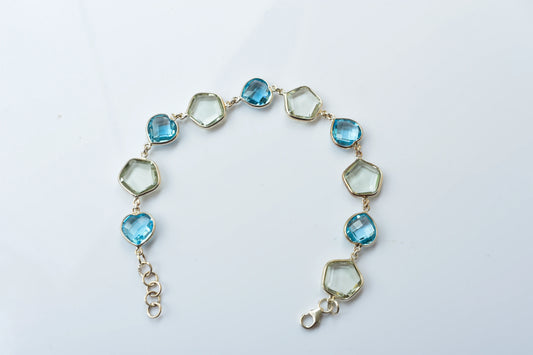 Green amethyst and sky blue topaz bezel bracelet in 925 silver