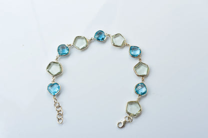 Green amethyst and sky blue topaz bezel bracelet in 925 silver