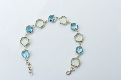 Green amethyst and sky blue topaz bezel bracelet in 925 silver