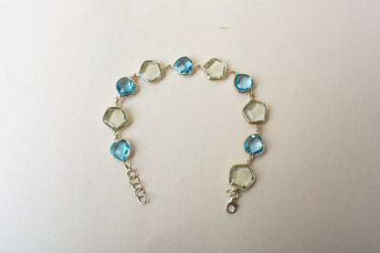 Green amethyst and sky blue topaz bezel bracelet in 925 silver