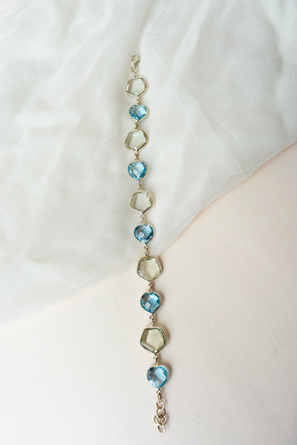 Green amethyst and sky blue topaz bezel bracelet in 925 silver