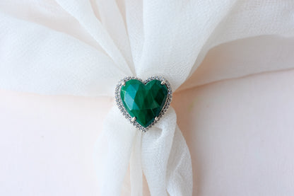 Heart-cut malachite ring in 925 silver with cubic zirconia halo