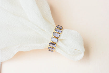 Emerald-cut tanzanite single-row eternity ring in 18K gold