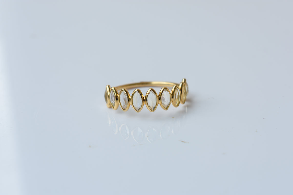 Rainbow Moonstone Marquise Half Eternity Ring in 18K Gold | Qala Fine Jewels