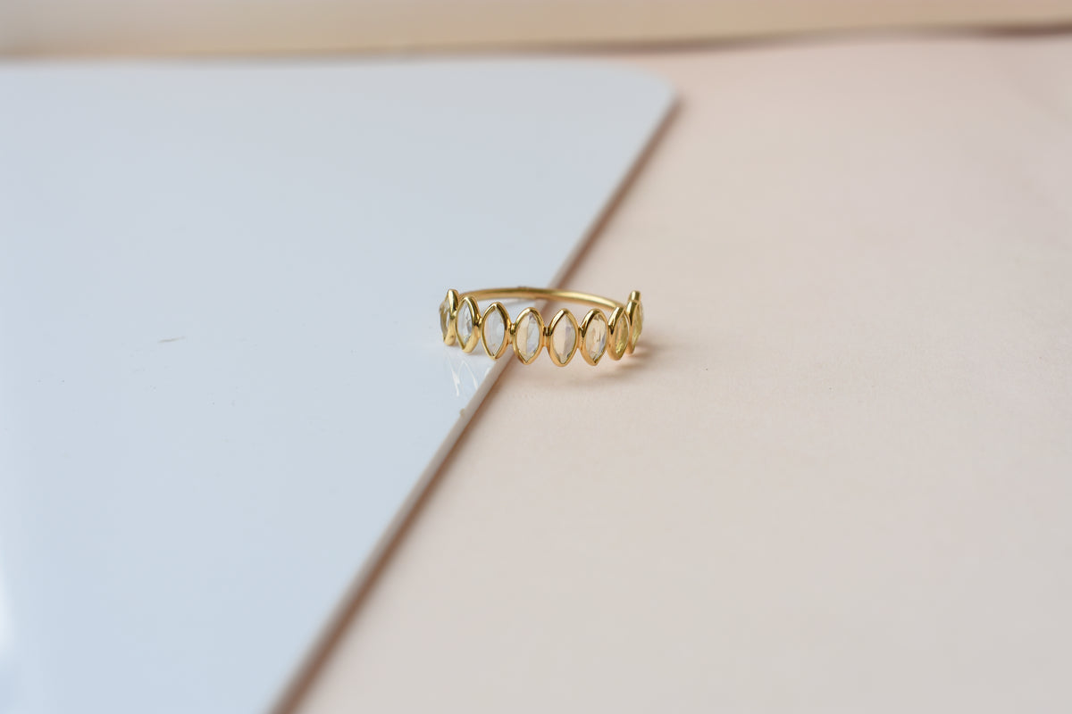 Rainbow Moonstone Marquise Half Eternity Ring in 18K Gold | Qala Fine Jewels