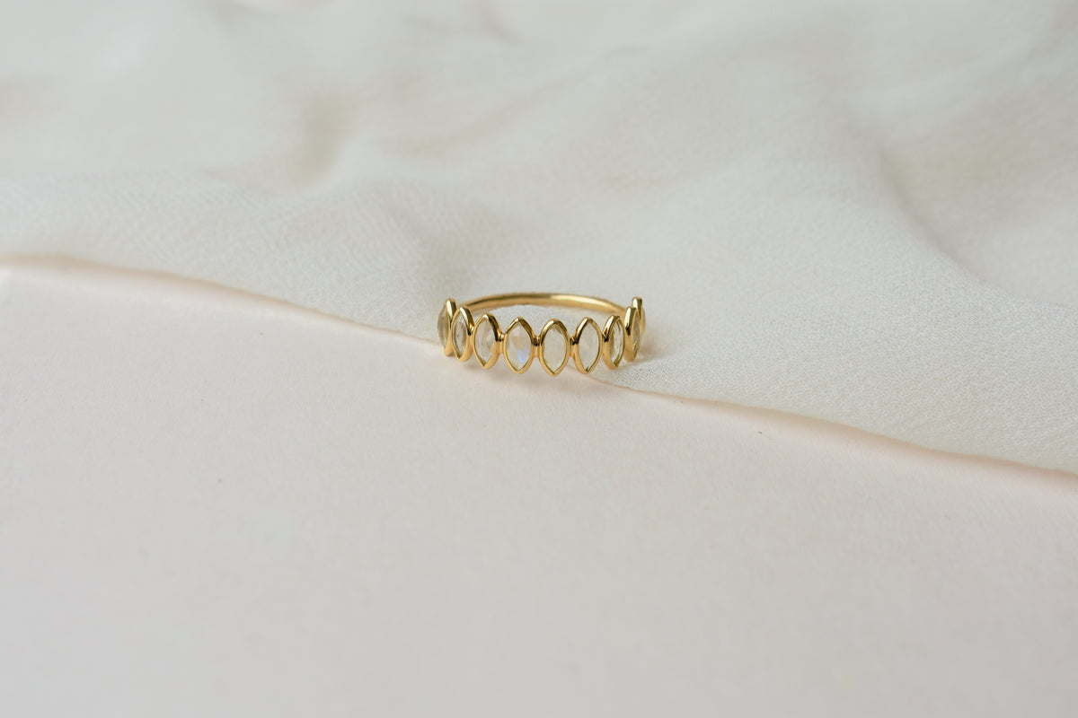 Rainbow Moonstone Marquise Half Eternity Ring in 18K Gold | Qala Fine Jewels