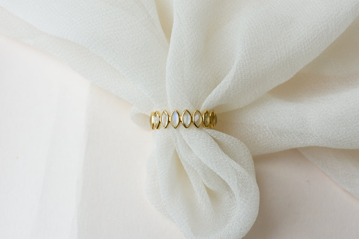 Rainbow Moonstone Marquise Half Eternity Ring in 18K Gold | Qala Fine Jewels