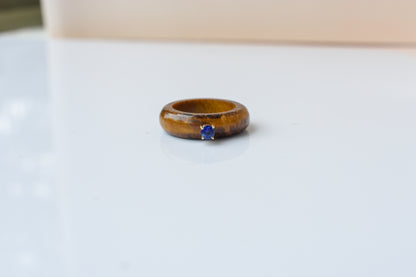 Tiger's Eye Band Ring with Tanzanite in 14K Gold – Handmade Carved Stone Ring