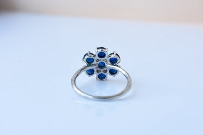 Blue sapphire flower cluster ring in 925 silver with round sapphires