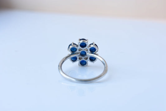 Blue sapphire flower cluster ring in 925 silver with round sapphires