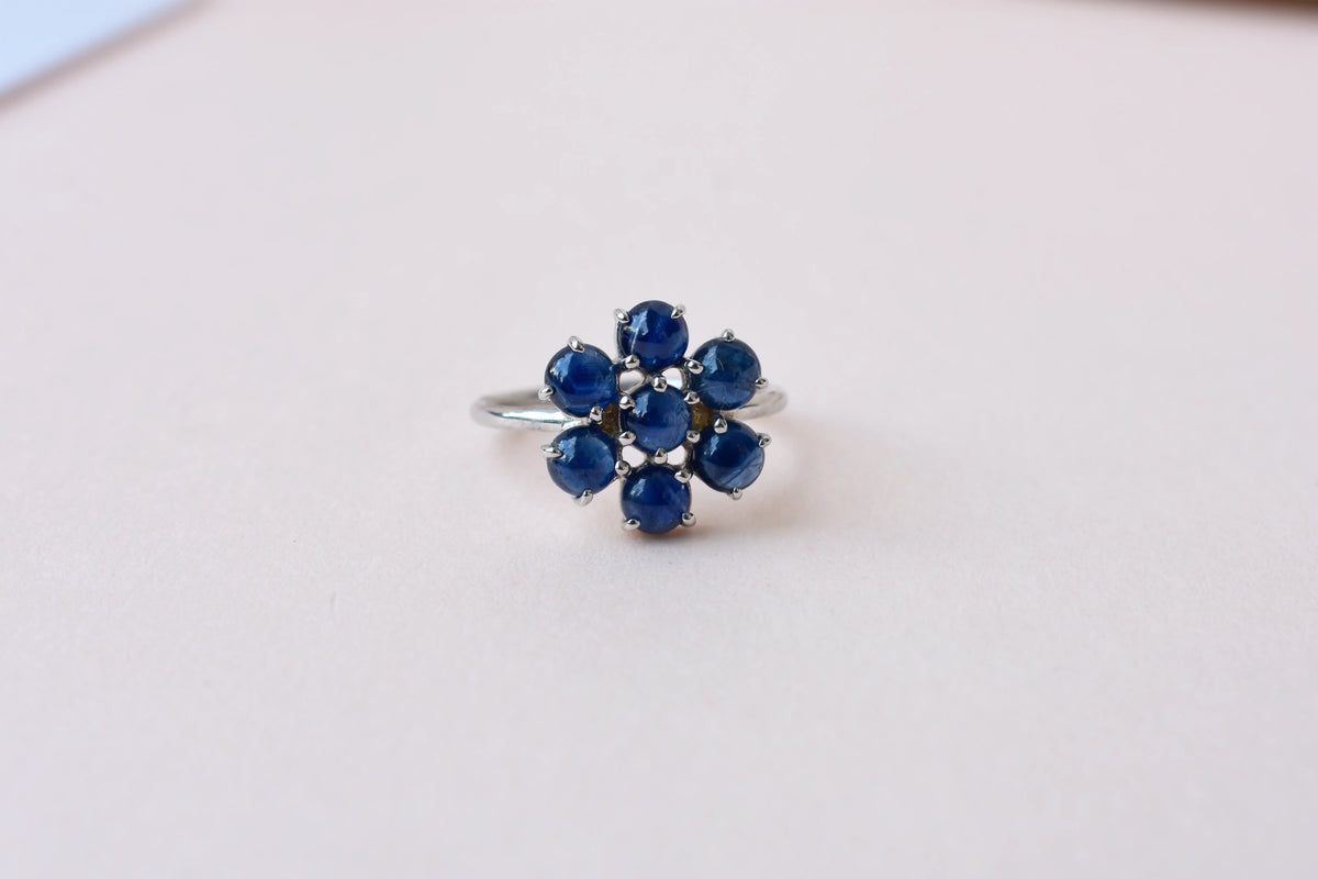 Blue sapphire flower cluster ring in 925 silver with round sapphires