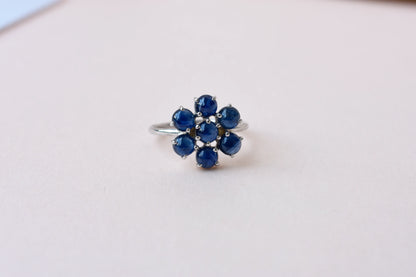Blue sapphire flower cluster ring in 925 silver with round sapphires