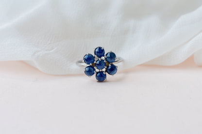 Blue sapphire flower cluster ring in 925 silver with round sapphires