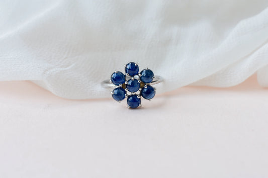 Blue sapphire flower cluster ring in 925 silver with round sapphires