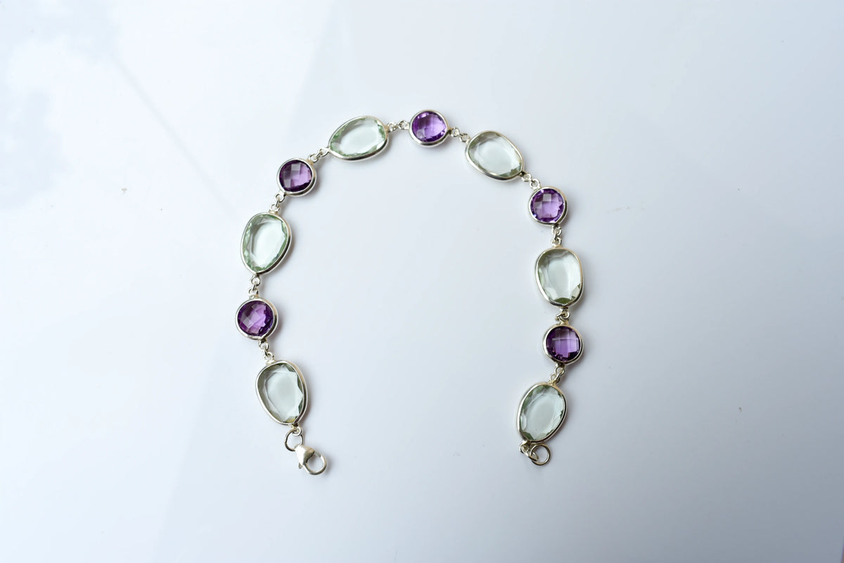 Amethyst and green amethyst bezel bracelet in silver
