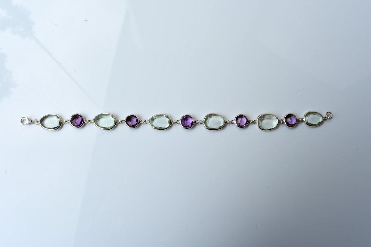Amethyst and green amethyst bezel bracelet in silver