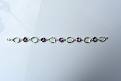 Amethyst and green amethyst bezel bracelet in silver