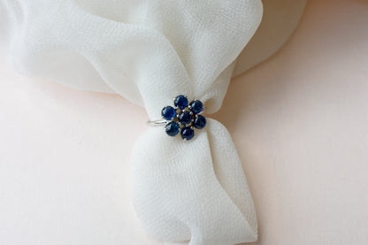 Blue sapphire flower cluster ring in 925 silver with round sapphires