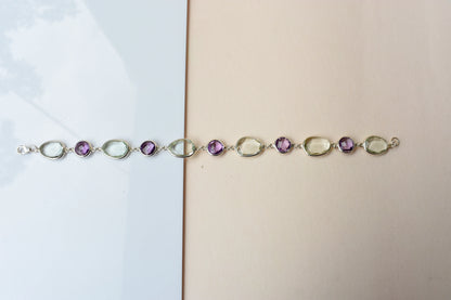 Amethyst and green amethyst bezel bracelet in silver
