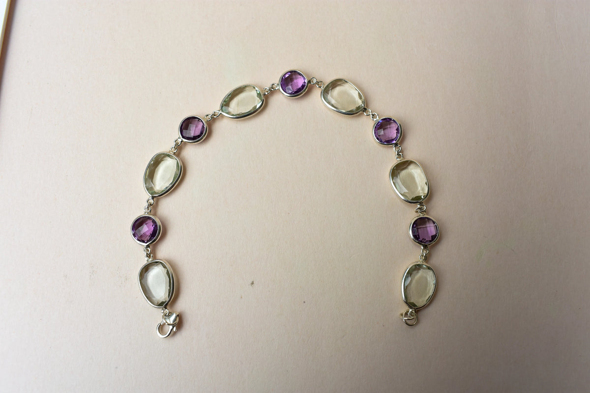 Amethyst and green amethyst bezel bracelet in silver