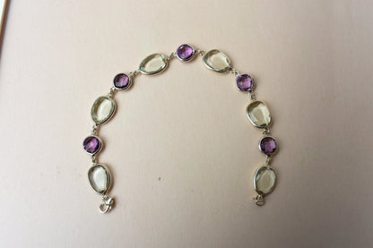 Amethyst and green amethyst bezel bracelet in silver