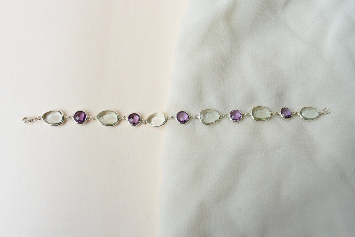 Amethyst and green amethyst bezel bracelet in silver