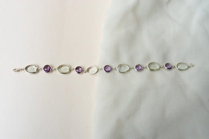 Amethyst and green amethyst bezel bracelet in silver
