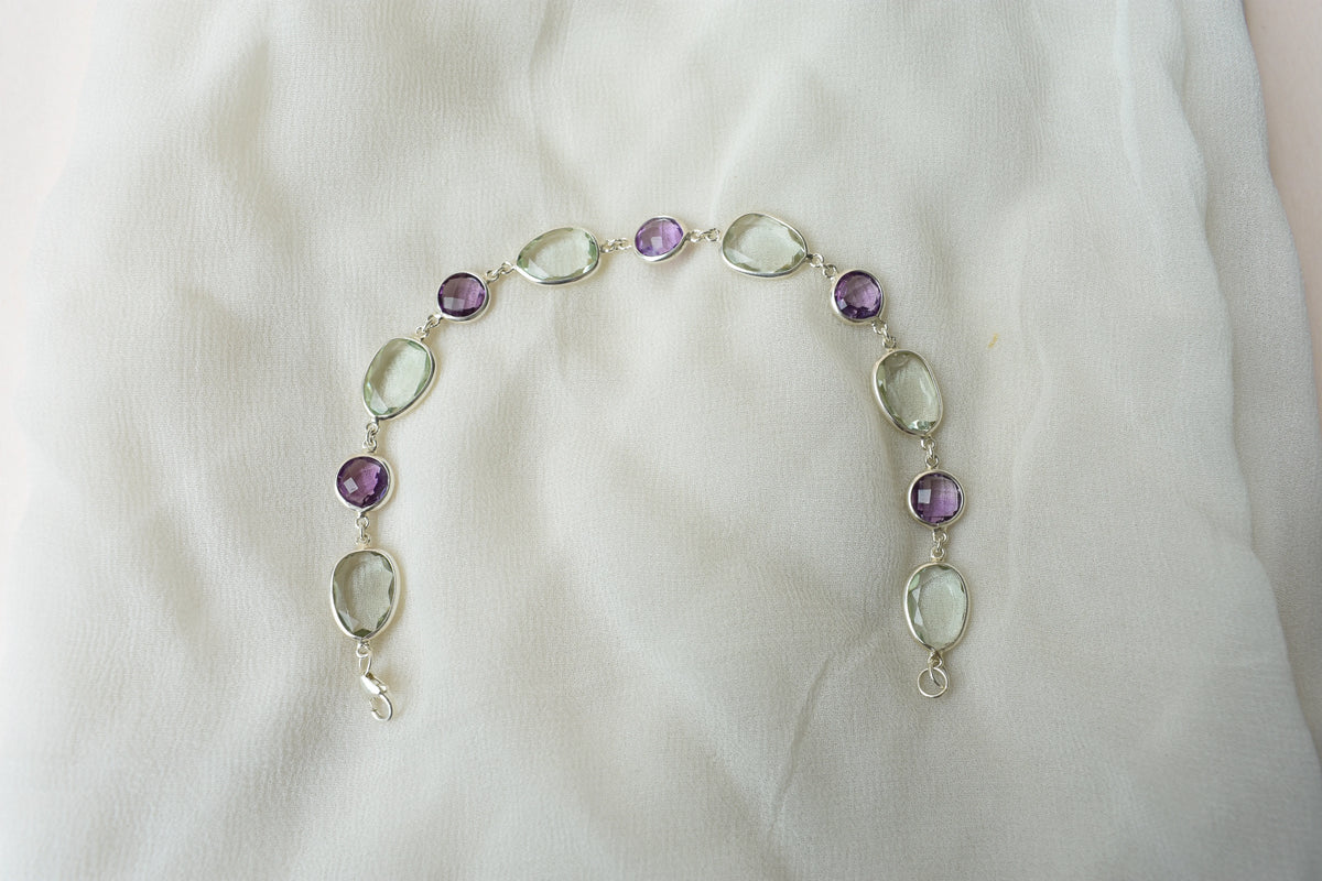 Amethyst and green amethyst bezel bracelet in silver