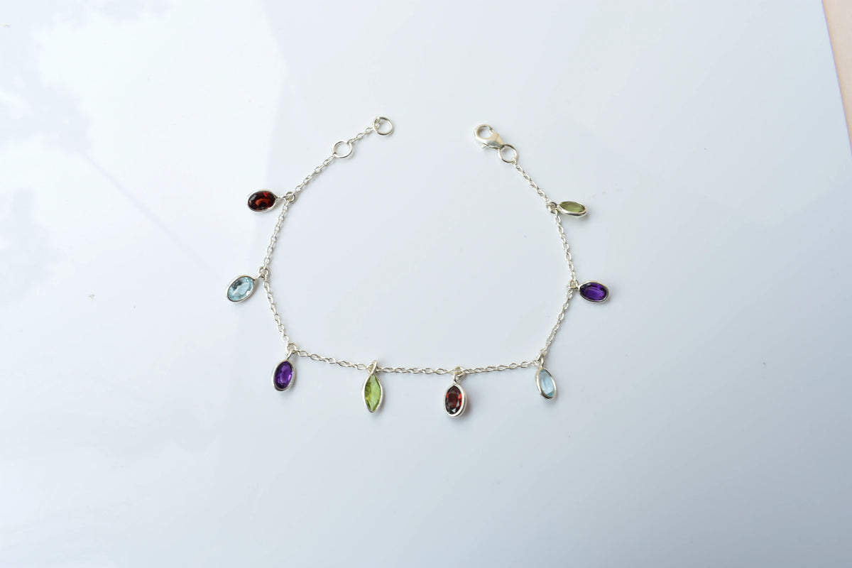 Multi gemstone marquise dangle bracelet in silver