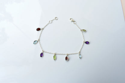 Multi gemstone marquise dangle bracelet in silver