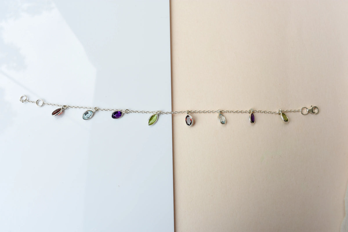Multi gemstone marquise dangle bracelet in silver