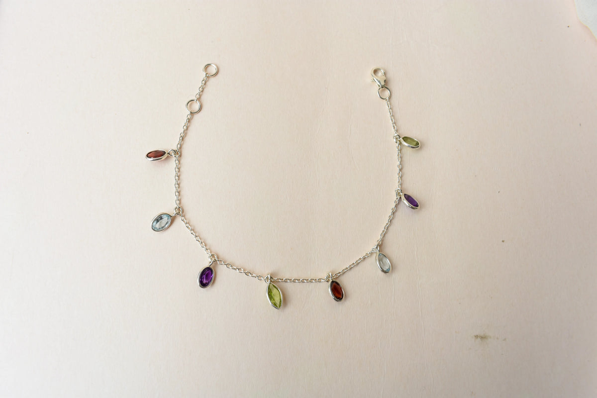 Multi gemstone marquise dangle bracelet in silver