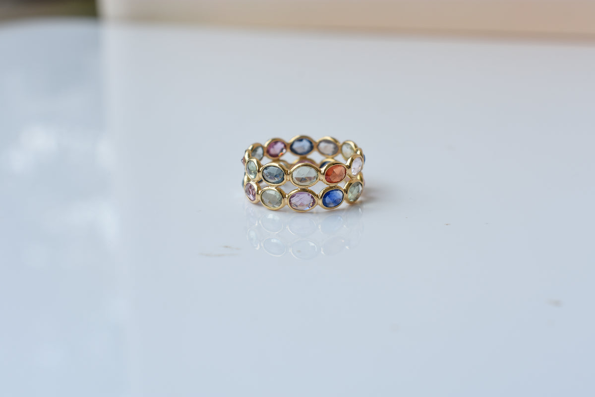 Multi Sapphire Double Row Eternity Band in 18K Gold – Oval Bezel-Set Ring