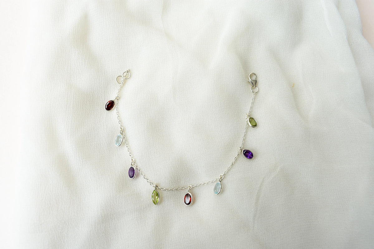 Multi gemstone marquise dangle bracelet in silver