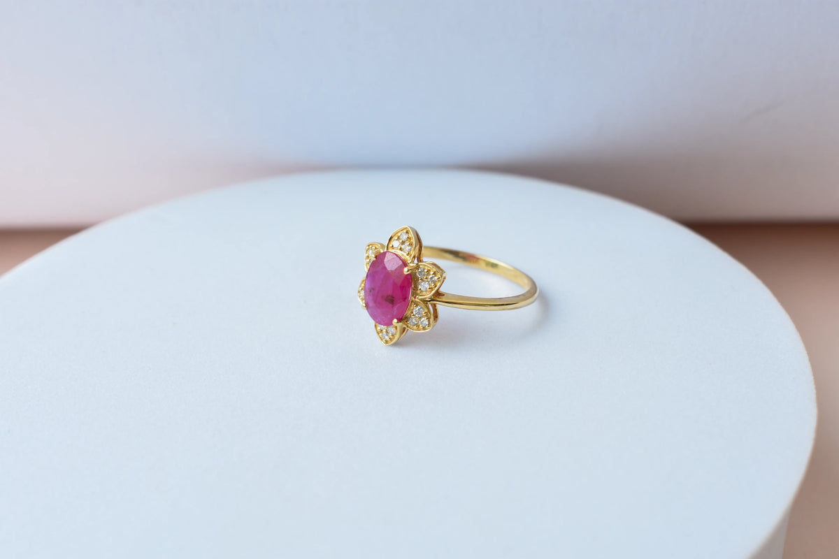 Ruby and diamond flower cluster ring in 18K gold
