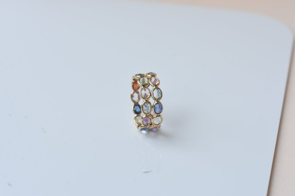 Multi Sapphire Double Row Eternity Band in 18K Gold – Oval Bezel-Set Ring