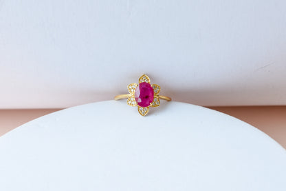 Ruby and diamond flower cluster ring in 18K gold