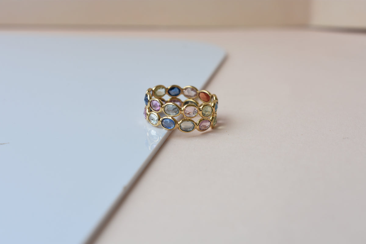 Multi Sapphire Double Row Eternity Band in 18K Gold – Oval Bezel-Set Ring