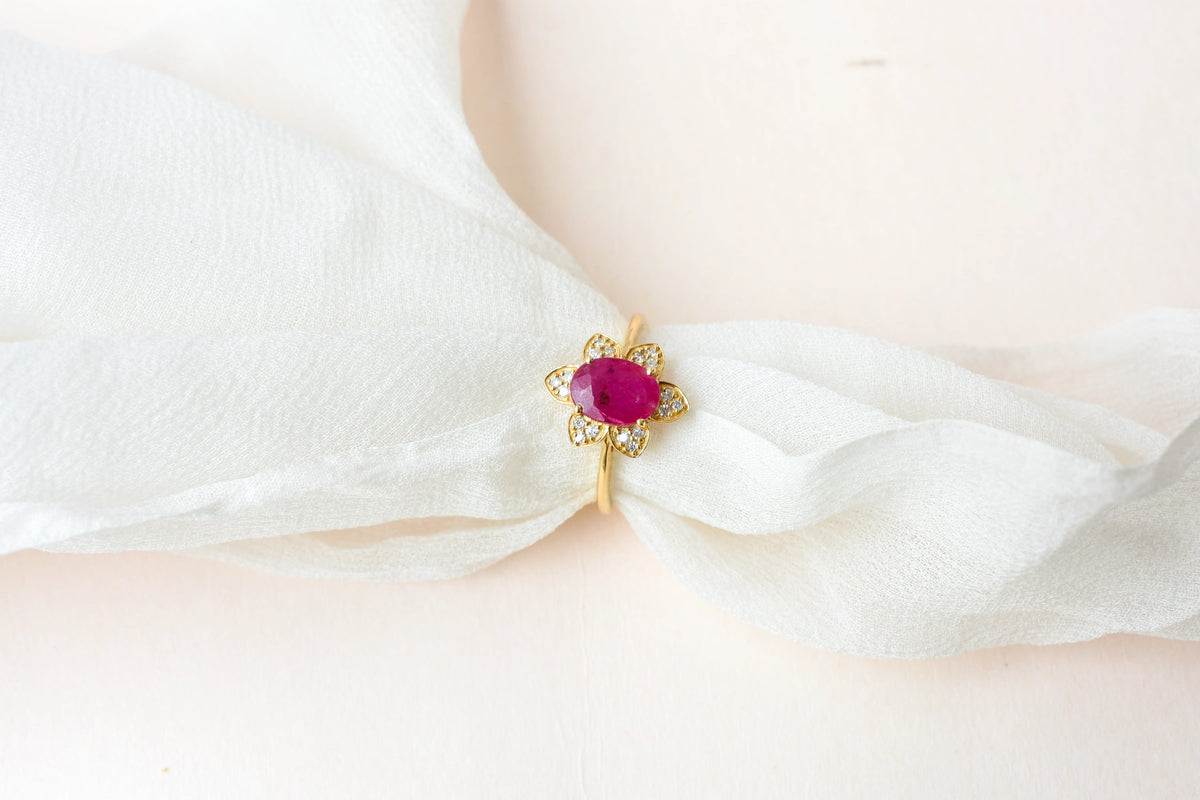 Ruby and diamond flower cluster ring in 18K gold