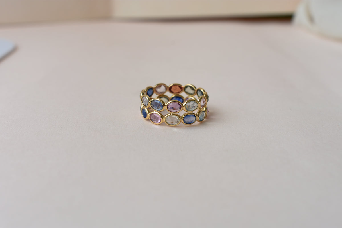Multi Sapphire Double Row Eternity Band in 18K Gold – Oval Bezel-Set Ring