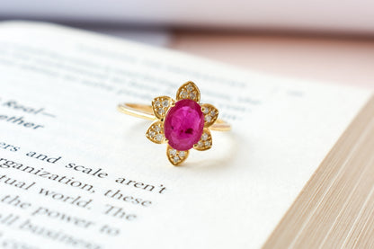 Ruby and diamond flower cluster ring in 18K gold