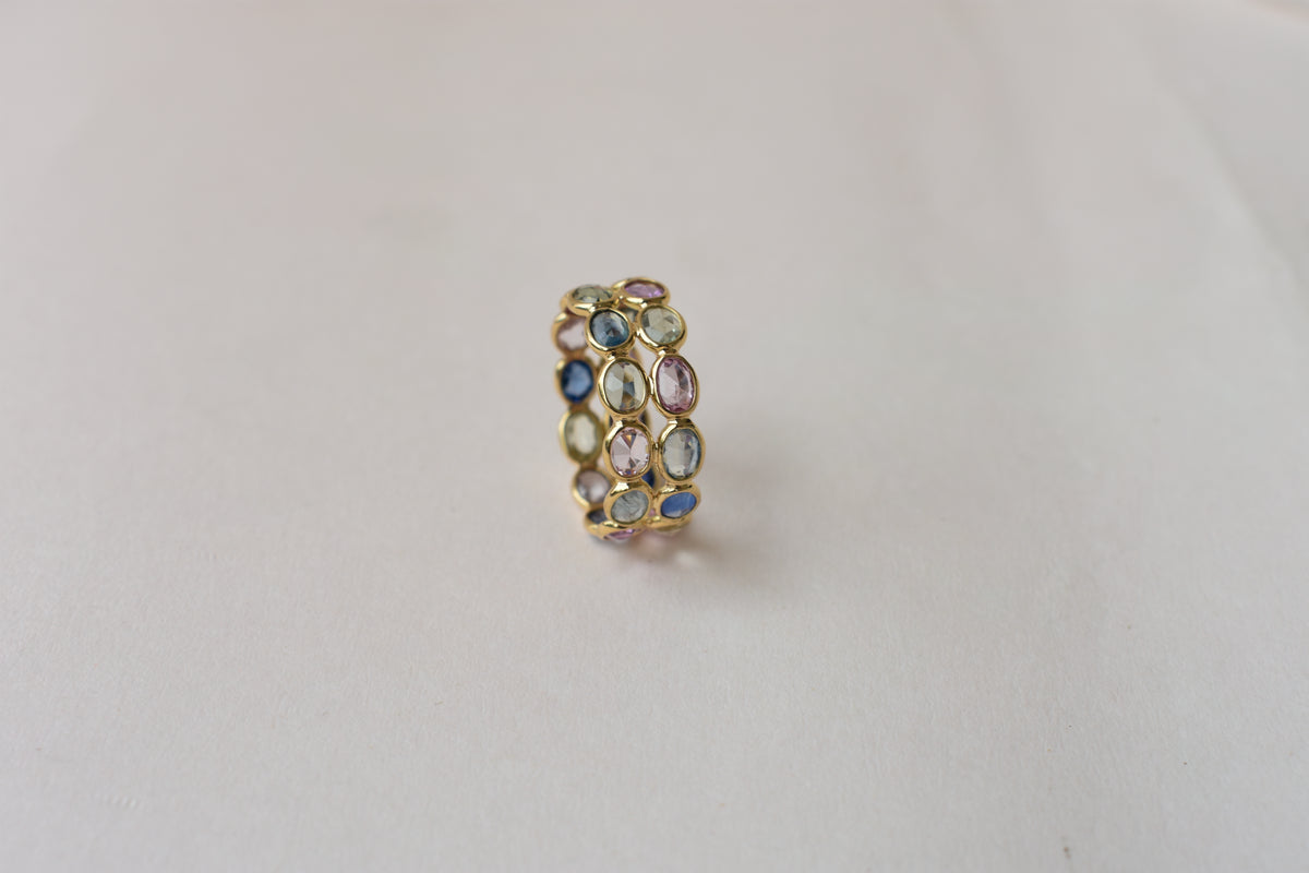 Multi Sapphire Double Row Eternity Band in 18K Gold – Oval Bezel-Set Ring