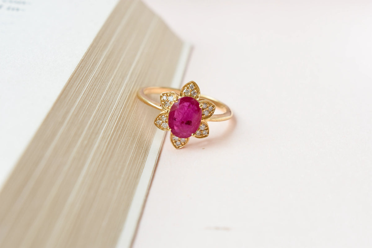 Ruby and diamond flower cluster ring in 18K gold