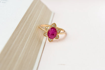 Ruby and diamond flower cluster ring in 18K gold