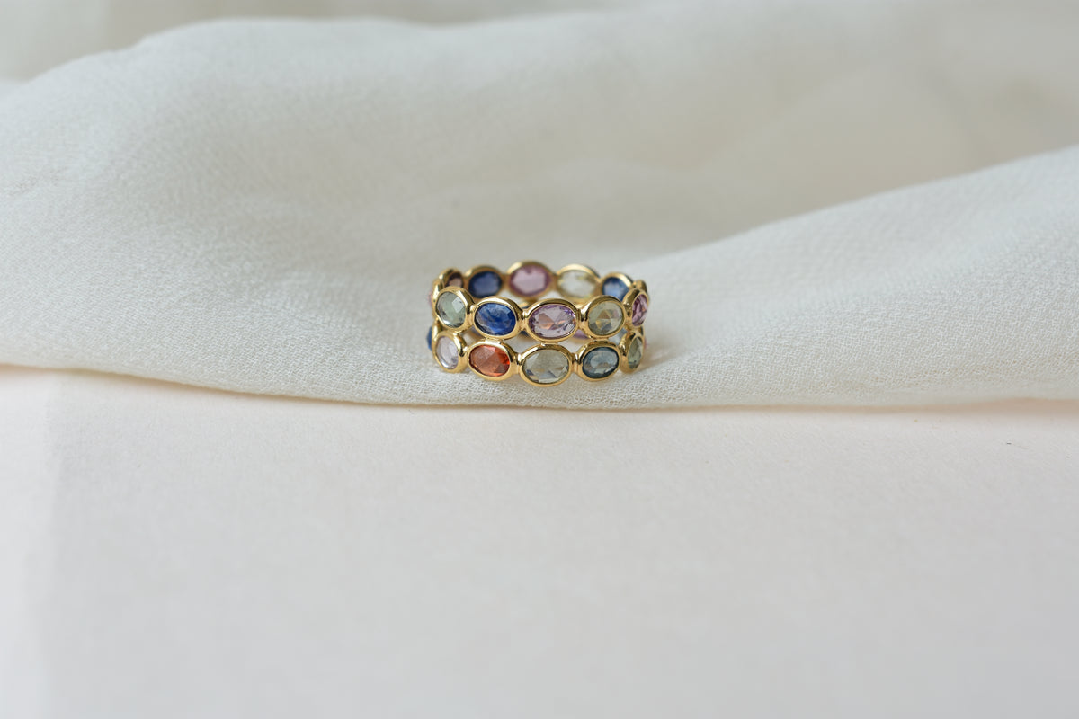 Multi Sapphire Double Row Eternity Band in 18K Gold – Oval Bezel-Set Ring